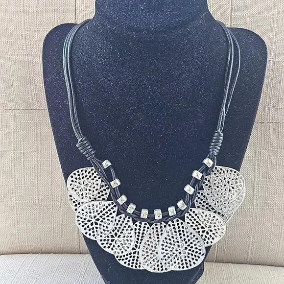 Women Necklace Silver Tone Heart Shape Coin Pendant Fashion Jewelry Black Cord - Picture 5 of 6